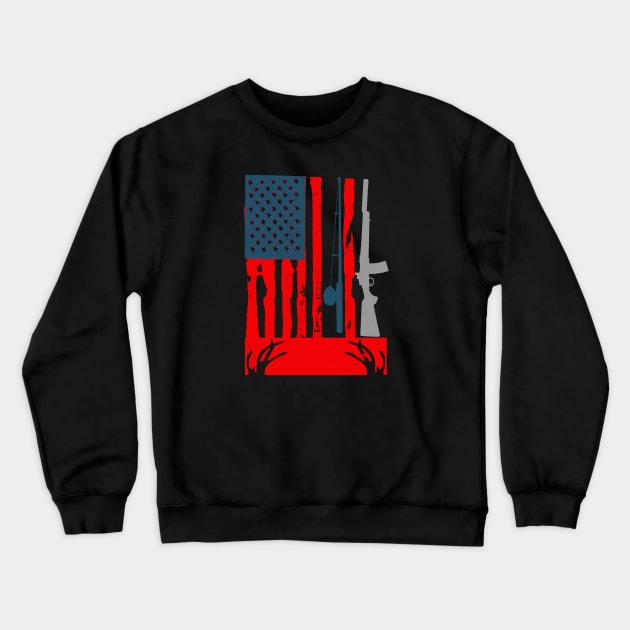 Fishing Rod Hunting Rifle American Flag Crewneck Sweatshirt by RUS